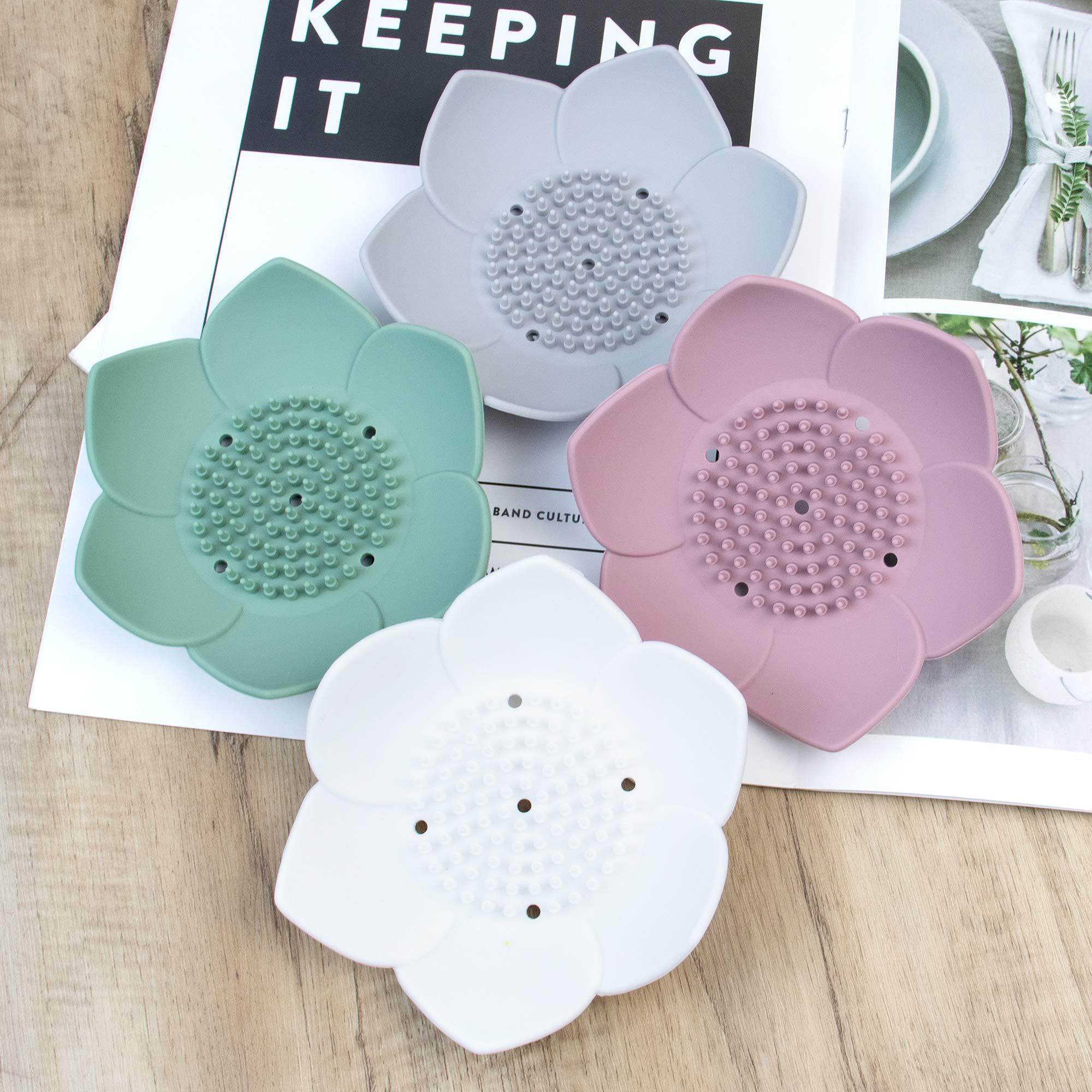 Auear, 4 Pack Lotus Flowers Soap Dish With Drain Silicone Holder Non-Slip Flexible Tray For Bathroom Shower